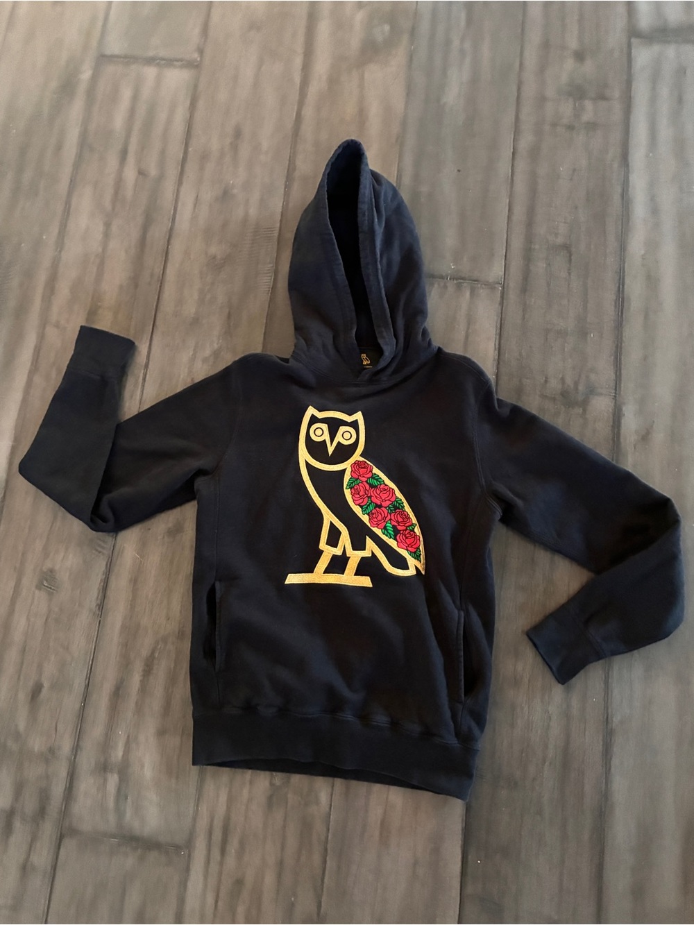 October’s Very Own (OVO) Rose Owl Pullover Hoodie in Washed Black - Size XS